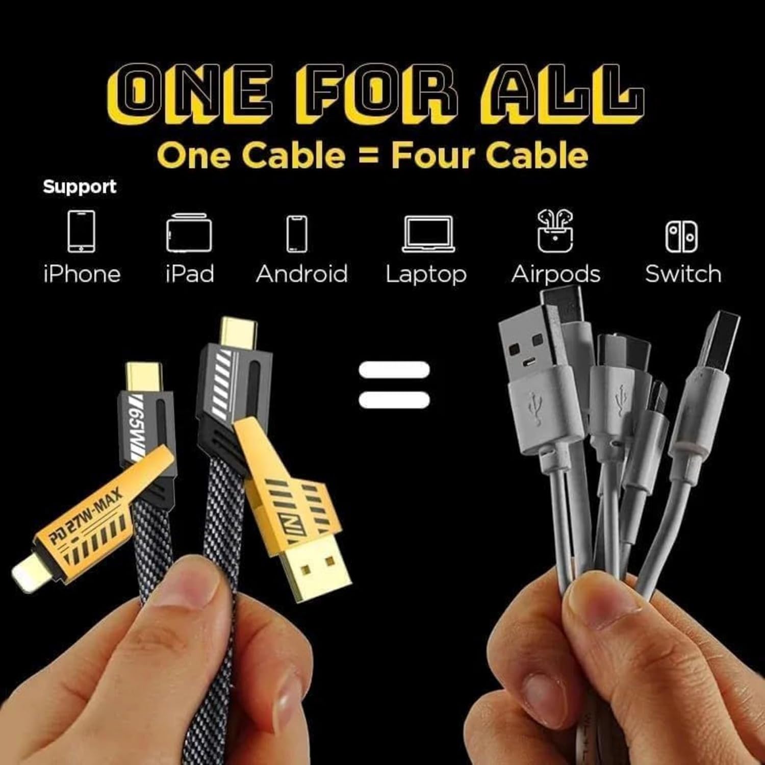 4 in 1 USB-C Charging Cable 1m Type-C Connector Nylon Braided PD 65W 27W Fast Charging